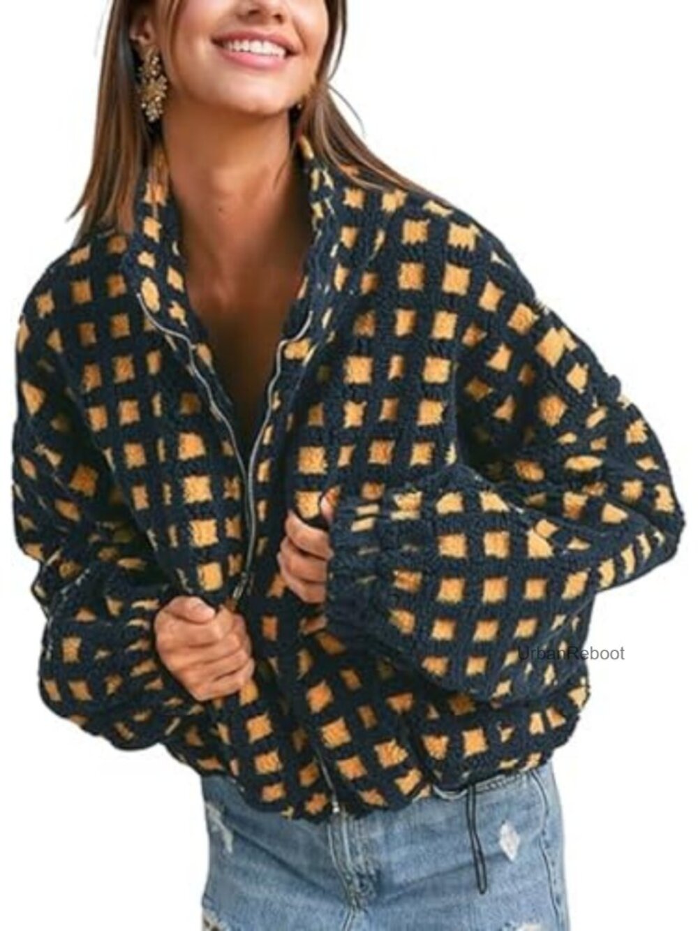 Women's Cropped Sherpa Fleece Checkered Zip Up Jacket